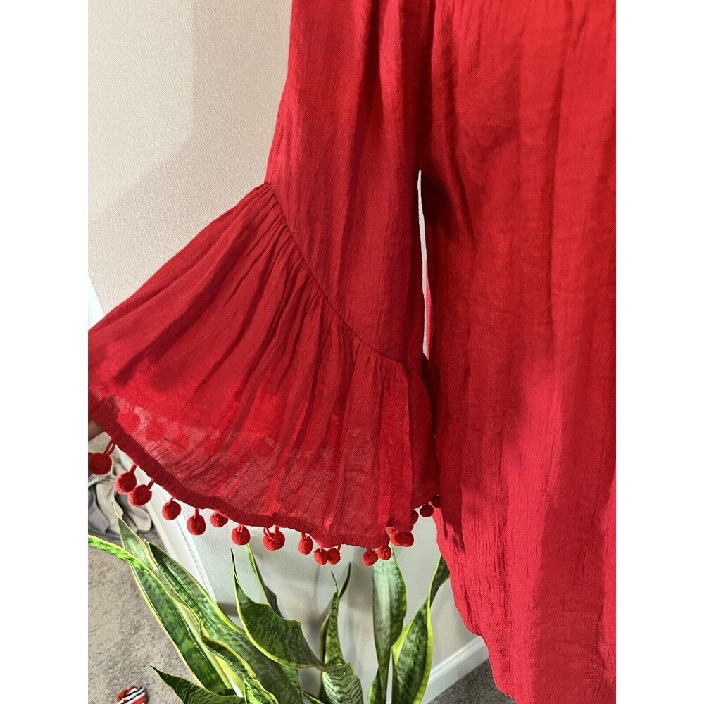 Women Top Shirt Size Large Pom Pom Bell Sleeves Red Feminine - Picture 2 of 3